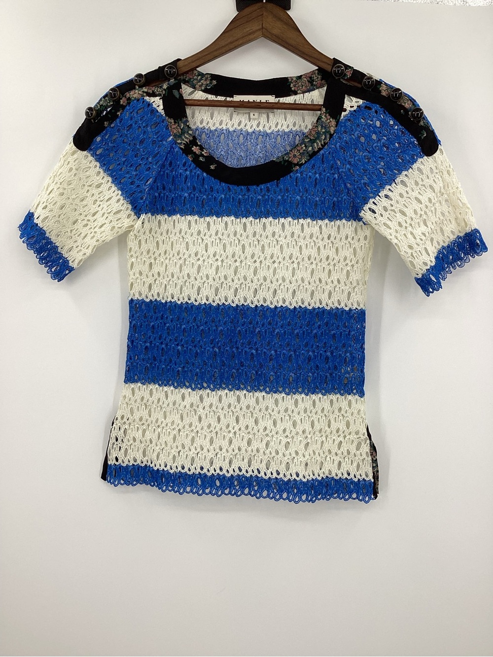 Mayle Blue and White Striped Open-Knit Short Sleeve Top